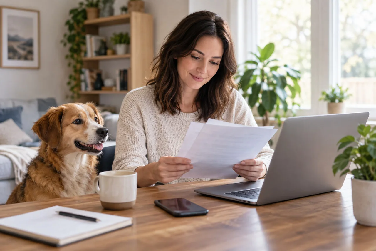 Owner reading a document beside a dog and laptop